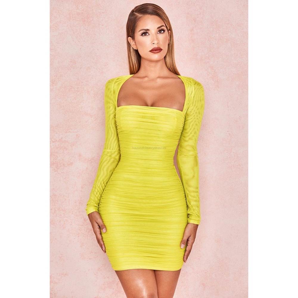 House of CB Dress Valentina Yellow Ruched BodyCon Long Sleeve Square Neck